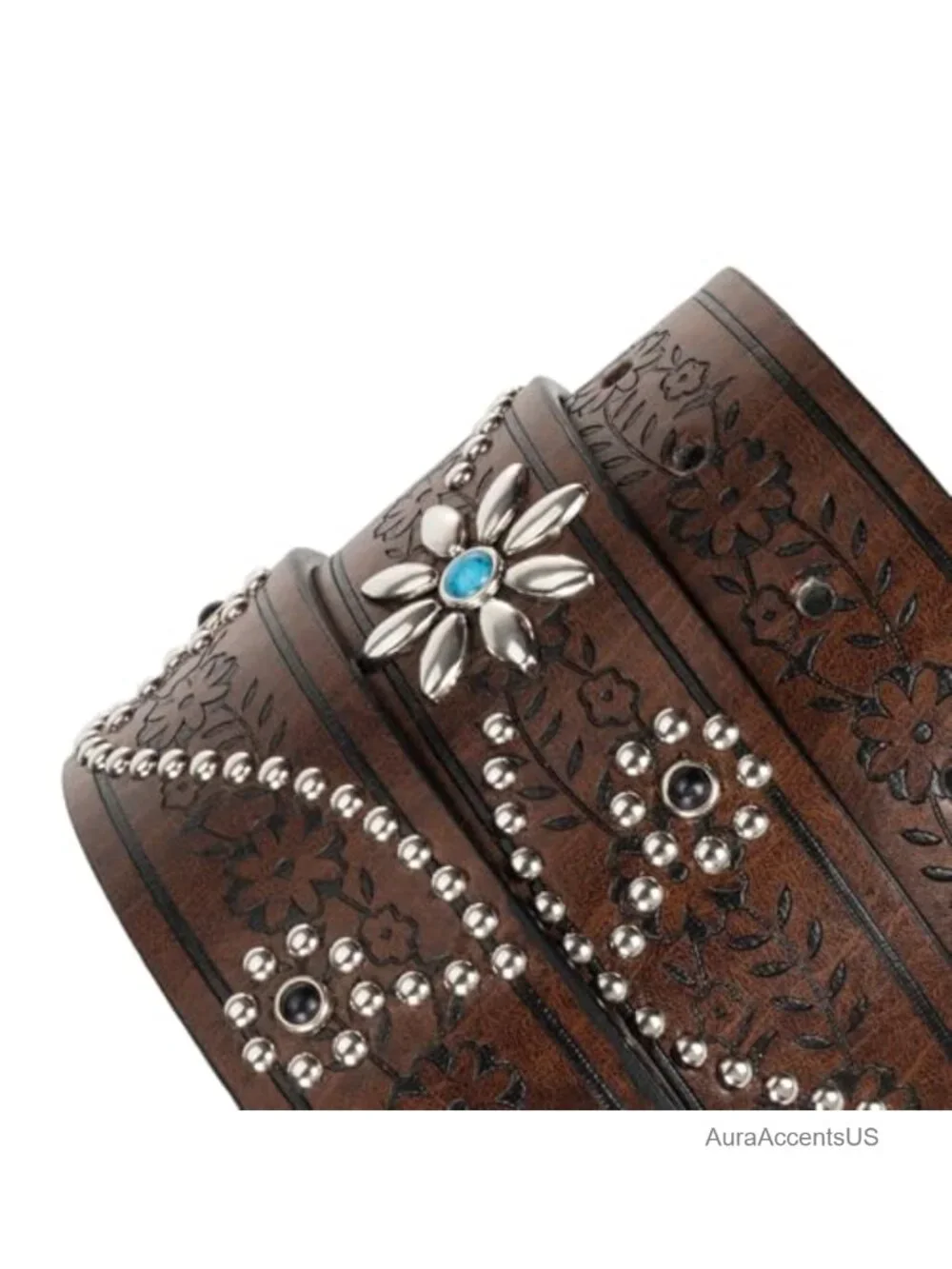 Women Western Belt Embossed Floral PU Leather Rhinestone Buckle Cowgirl Belt